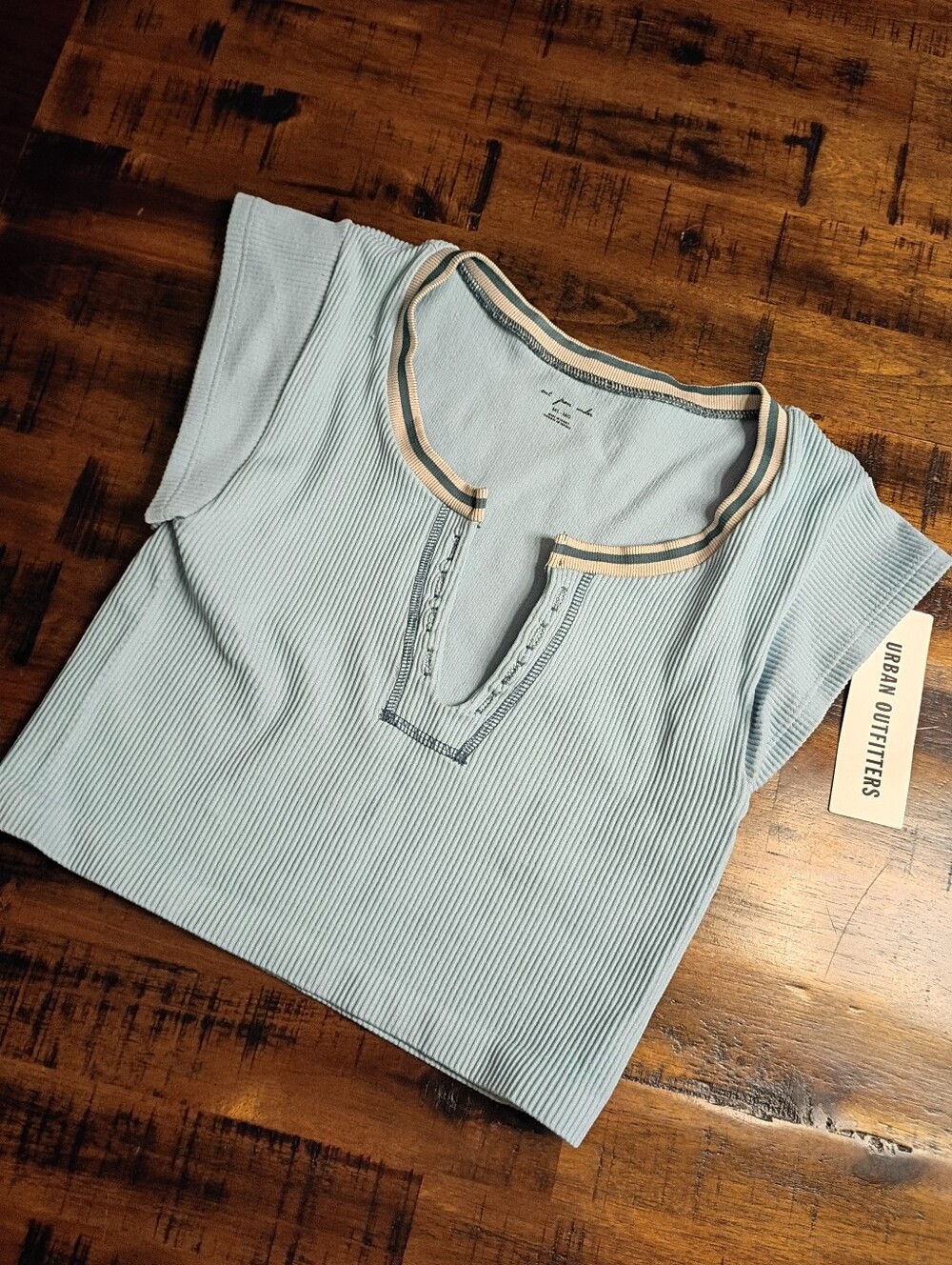 Urban Outfitters Pale Blue Ribbed Short Sleeve Top with Contrast Trim